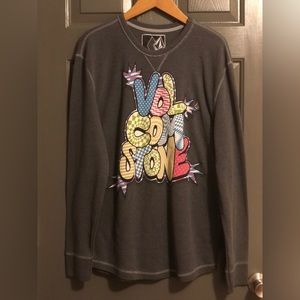Volcom Y2K Men’s 2XL Gray Insane Graphic Surfer Pullover Thermal Waffle Knit